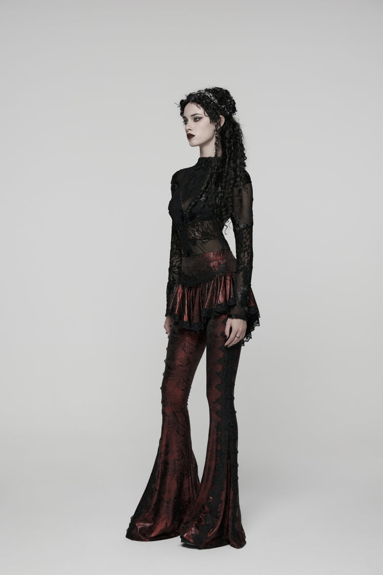 Red Printed Lace Slim Faux Two-Piece Women's Gothic Flared Pants - Product - 3
