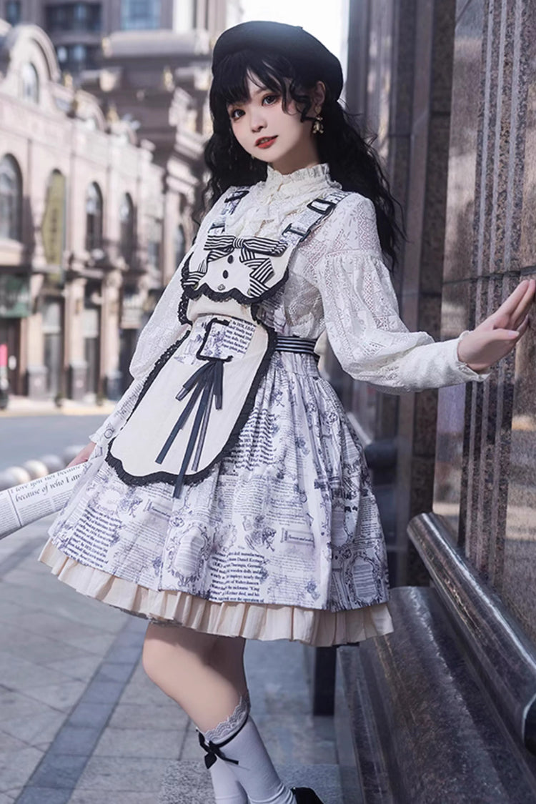 White Vintage Berlin Daily Print Removable Apron Classic Lolita Strap Dress - Product - 5