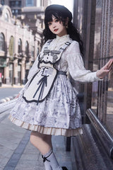 White Vintage Berlin Daily Print Removable Apron Classic Lolita Strap Dress - Product - 5
