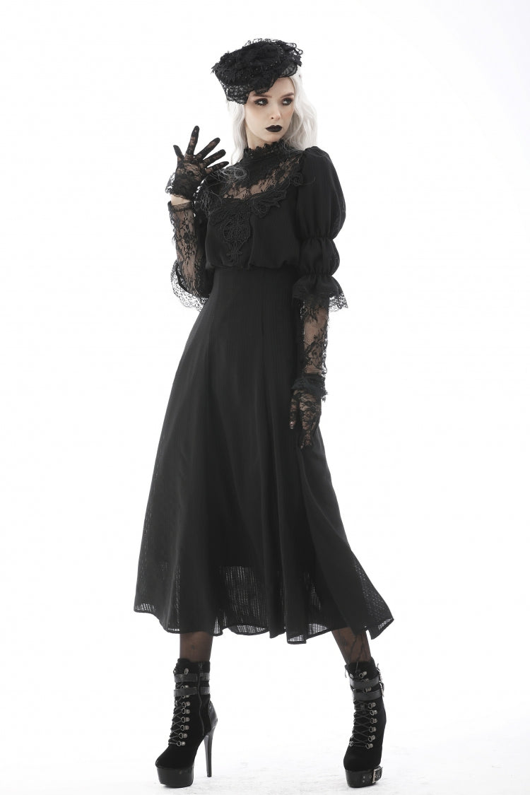 Black Stand Collar Cut-Out Half Sleeves Lace Spliced Women's Gothic Maxi Dress - Product - 10