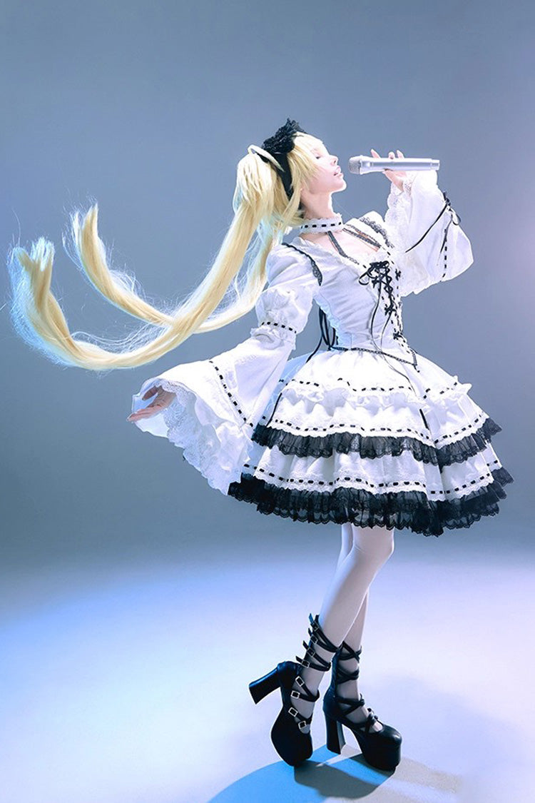 White [Witch] Long Trumpet Sleeves Double-Layered Ruffle Bowknot Lace-Up Gothic Lolita Skirt Dress Set - Product - 9