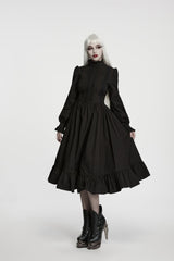 Black Stand Collar Long Trumpet Sleeves Pleated Women's Gothic Royal Dress - Product - 4