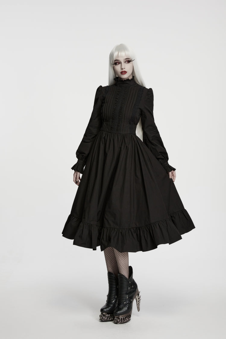 Black Stand Collar Long Trumpet Sleeves Pleated Women's Gothic Royal Dress - Product - 4