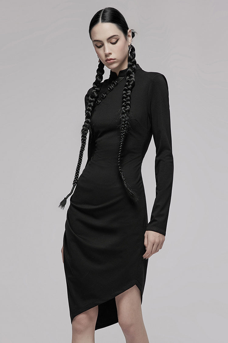 Black Improved Cheongsam Pointed Hem Drawstring Design Cheongsam Collar Long Sleeve Long Women's Punk Dress - Product - 2