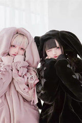 Pink Rabbit Ears Long Sleeves Bowknot Lace-Up Hooded Jirai Kei Coat - Product - 10