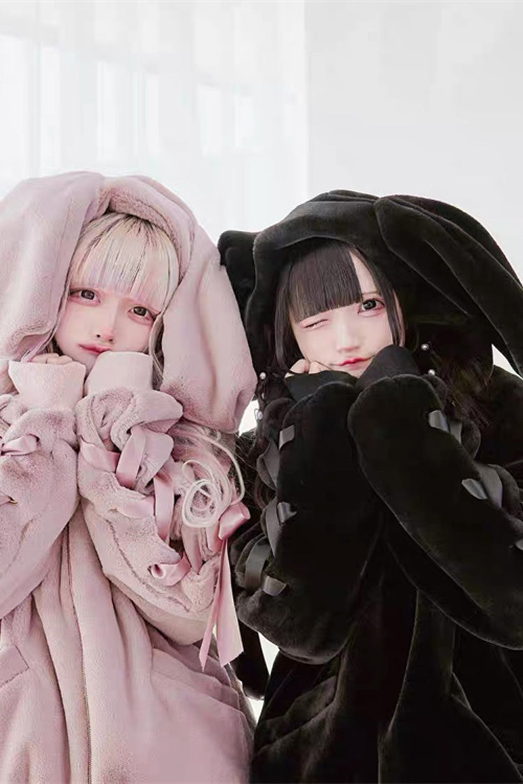 Pink Rabbit Ears Long Sleeves Bowknot Lace-Up Hooded Jirai Kei Coat - Product - 10