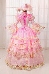 Pink Trumpet Sleeves High Waisted Hollow Embroidery Print Multi-Layer Victorian Lolita Prom Dress - Product - 5
