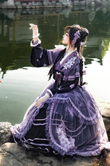 Purple [Violet Gauze Lily] Stand Collar Long Sleeves Ruffled Embroidered Bow Classic Chinese Style Elegant Gorgeous Lolita Dress Set - Product - 7
