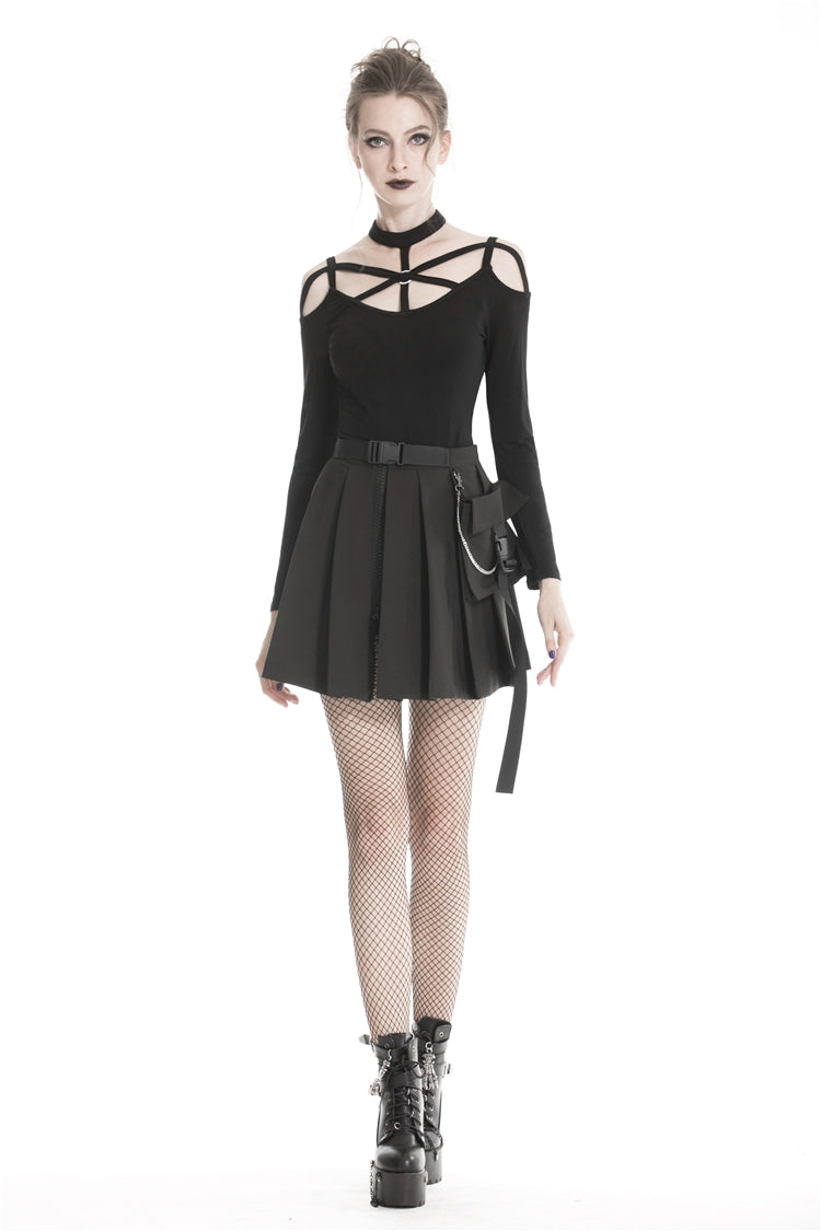 Black Zippered Pleated Women's Punk Casual Mini Skirt with Side Bag - Product - 8