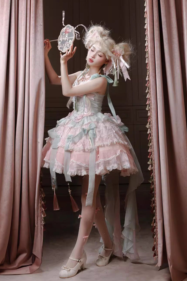 Pink/Green [Summer Lotus Breeze] Sleeveless Double-Layered Ruffled Bow Lace-Up Sweet Chinese Style Ballet Lolita Jsk Dress - Product - 5