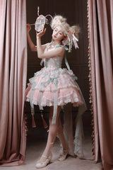 Pink/Green [Summer Lotus Breeze] Sleeveless Double-Layered Ruffled Bow Lace-Up Sweet Chinese Style Ballet Lolita Jsk Dress - Product - 5