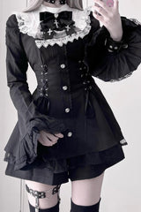 Black Long Trumpet Sleeves Ruffle Gothic Jirai Kei Japanese Dress Set 2 Colors - Product - 5