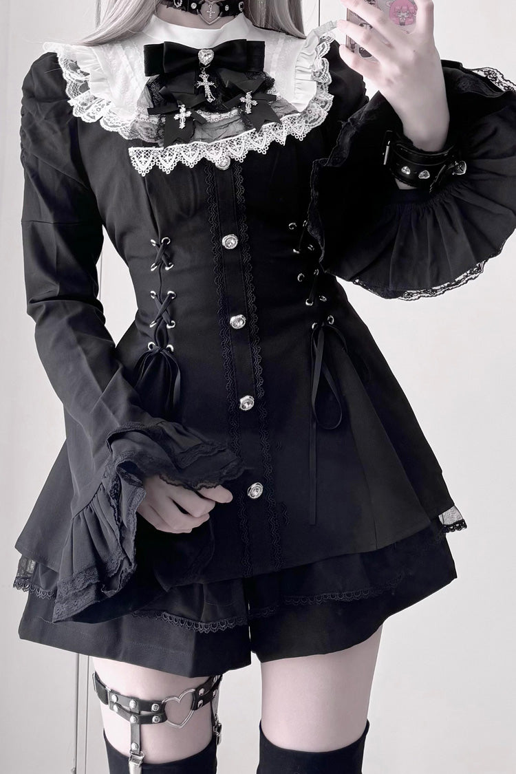 Black Long Trumpet Sleeves Ruffle Gothic Jirai Kei Japanese Dress Set 2 Colors - Product - 5