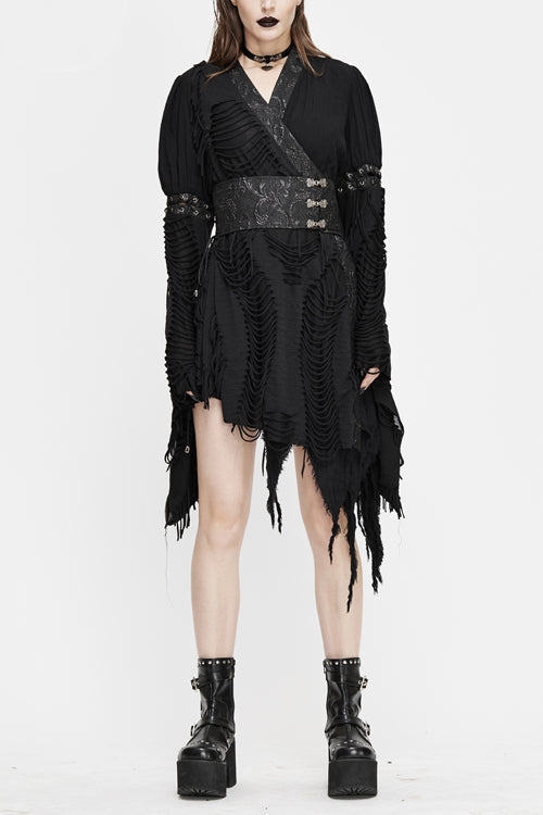 Black Punk Asymmetric Mesh Unedged Womens Dress With Belt - Black - 1