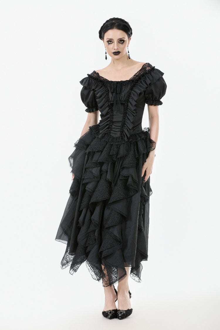 Black Square Collar Short Sleeves Ruffled Lace Lace-Up Women's Gothic Rococo Corset Top - Product - 6
