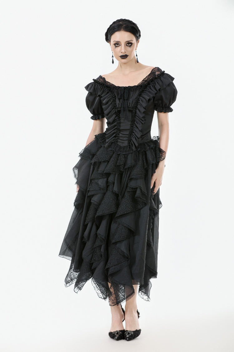 Black Square Collar Short Sleeves Ruffled Lace Lace-Up Women's Gothic Rococo Corset Top - Product - 6