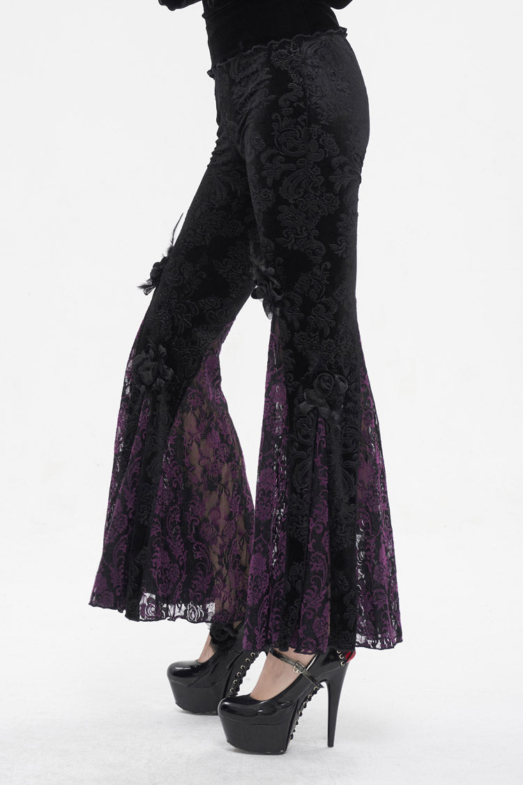 Black/Purple Printed Lace Embroidered Women's Gothic Flared Pants - Product - 3