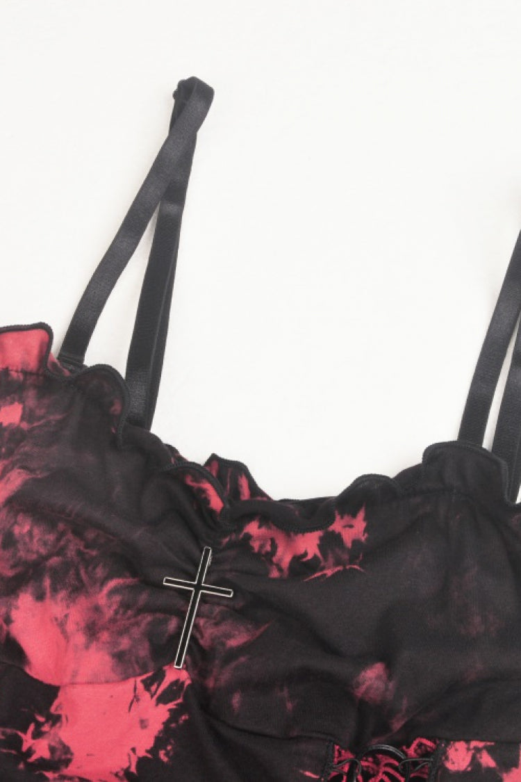 Black/Red Irregular Tie-dyed Patchwork Women's Punk Slip Dress - Product - 12