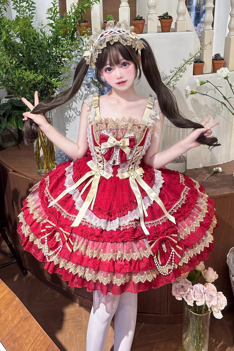 Red [Gilded Memories] Sleeveless Double-Layered Ruffle Hot Stamping Bowknot Lace Sweet Lolita Jsk Dress - Product - 2