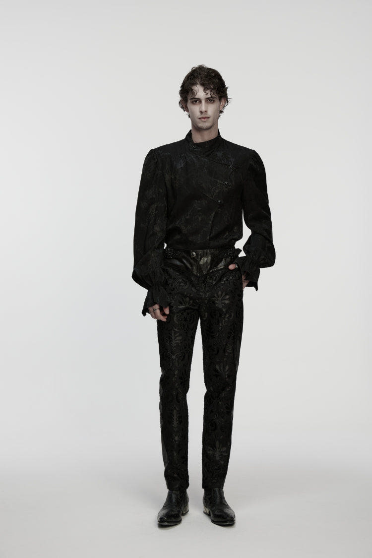 Black Jacquard Floral Embroidered Men's Gothic Pants - Product - 1