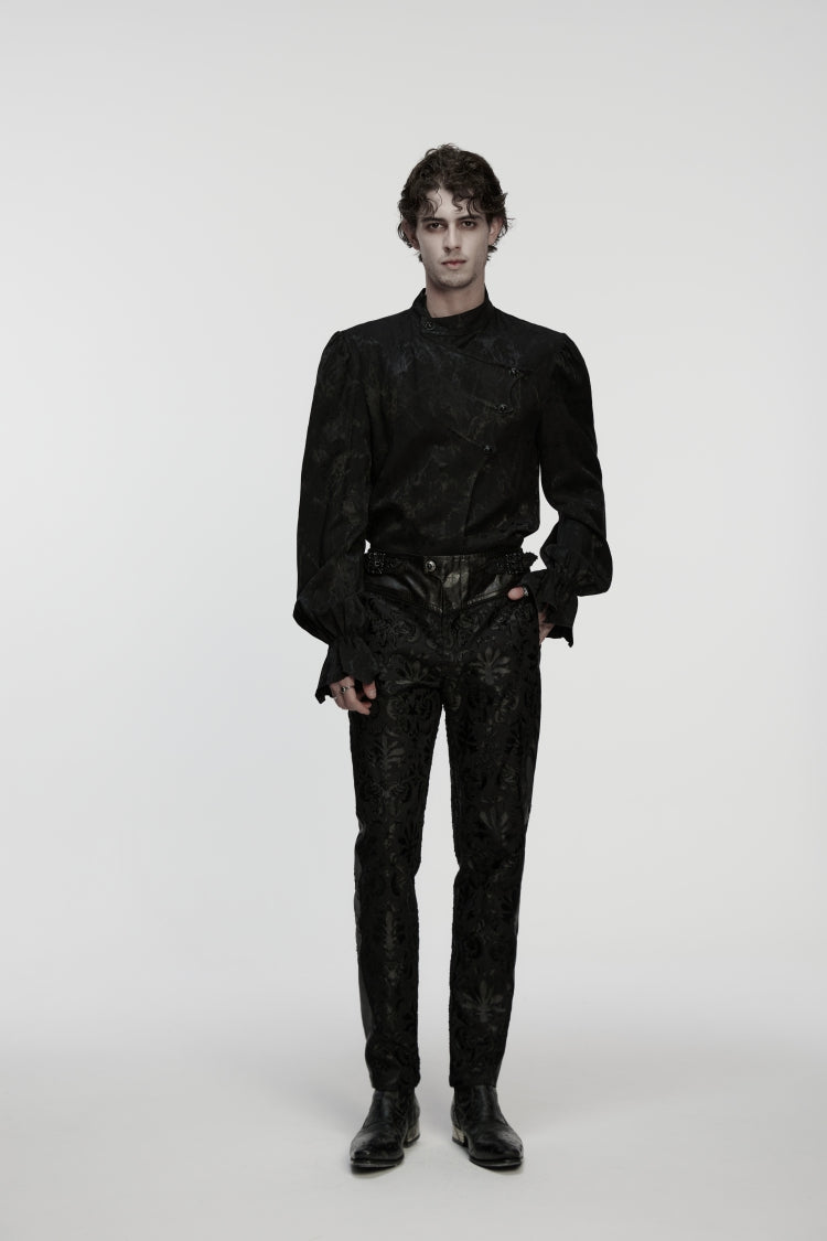 Black Jacquard Floral Embroidered Men's Gothic Pants - Product - 1