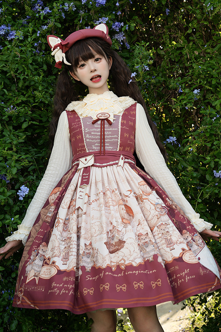 Wine Red [Fox Band] Print Square Collar Bowknot Classic Lolita Jumper Dress - Product - 6