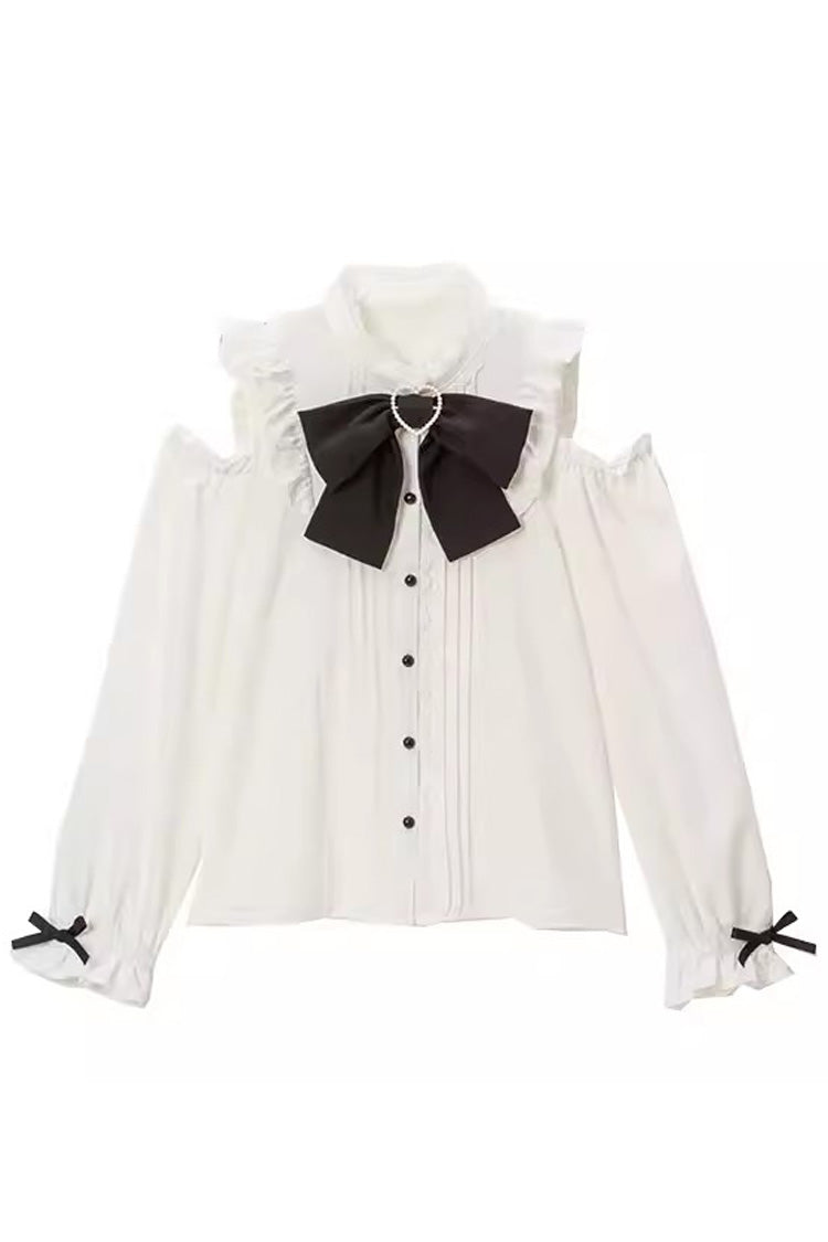 Off Shoulder Long Sleeves Bowknot Jirai Kei Japanese Lolita Blouse 3 Colors - White - 2
