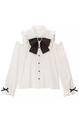 Off Shoulder Long Sleeves Bowknot Jirai Kei Japanese Lolita Blouse 3 Colors - White - 2