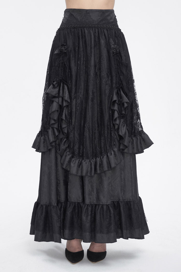 Black Ruffle Lace Drawstring Women's Gothic Skirt - Black - 1