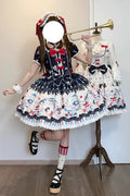 Black Mystery Rabbit Tea Party Square Collar Short Sleeves Print Ruffle Bowknot Lace Sweet (Dress Only) front view