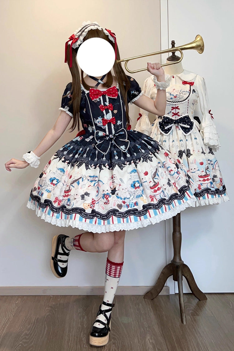 Black [Mystery Rabbit Tea Party] Square Collar Short Sleeves Print Ruffle Bowknot Lace Sweet Lolita Dress - Black - 1