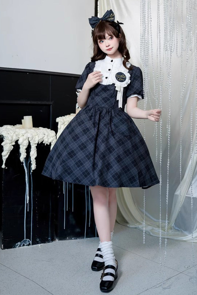 Showa Girls Summer Plaid Print Daily Short Sleeves Classic Princess Lolita Dress 2 Colors - Product - 2