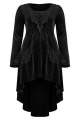 Black Gorgeous Velvet Fabric Embroidered Jacquard Neckline Irregular Hem Trumpet Sleeve Women's Gothic Dress - Product - 6