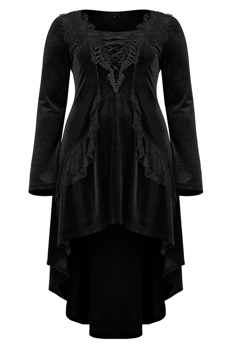 Black Gorgeous Velvet Fabric Embroidered Jacquard Neckline Irregular Hem Trumpet Sleeve Women's Gothic Dress - Product - 6