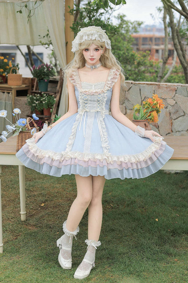 Blue [Island Diary] Square Collar Flutter Sleeves Triple-Layered Ruffled Lace-Up Sweet Lolita Jsk Dress 2 Versions - Product - 15