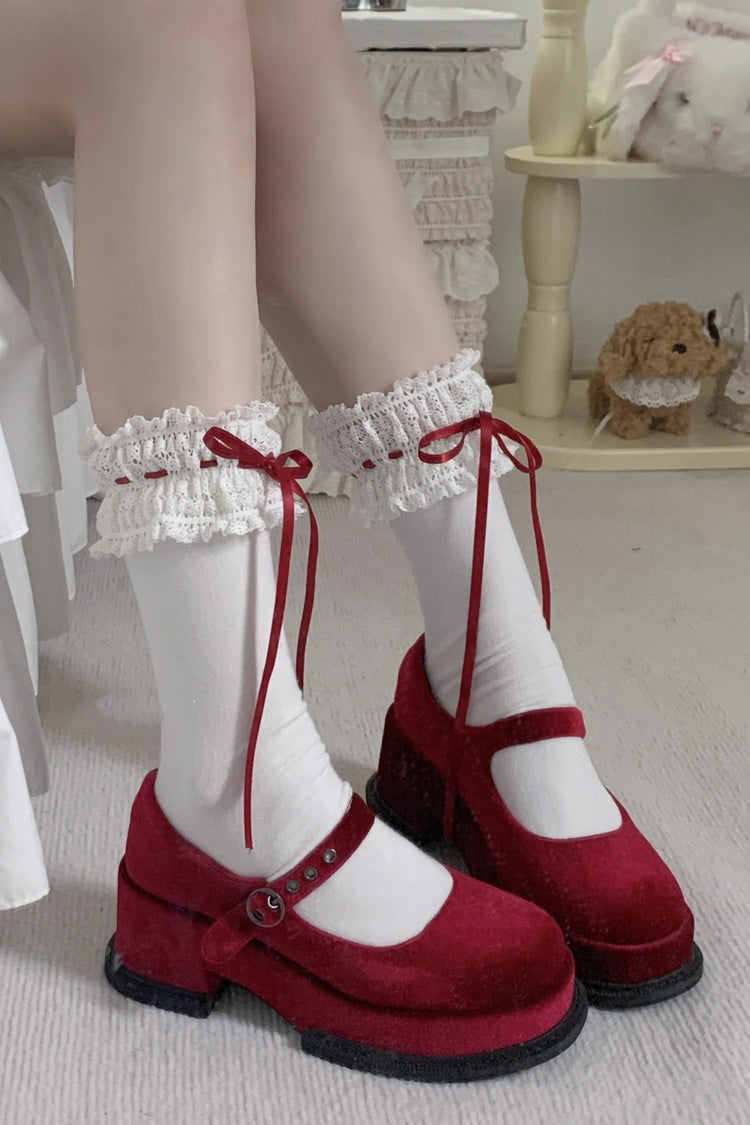 Sweet Ruffle Bowknot Lace Ballet Lolita Short Socks 6 Colors - White/Red - 3