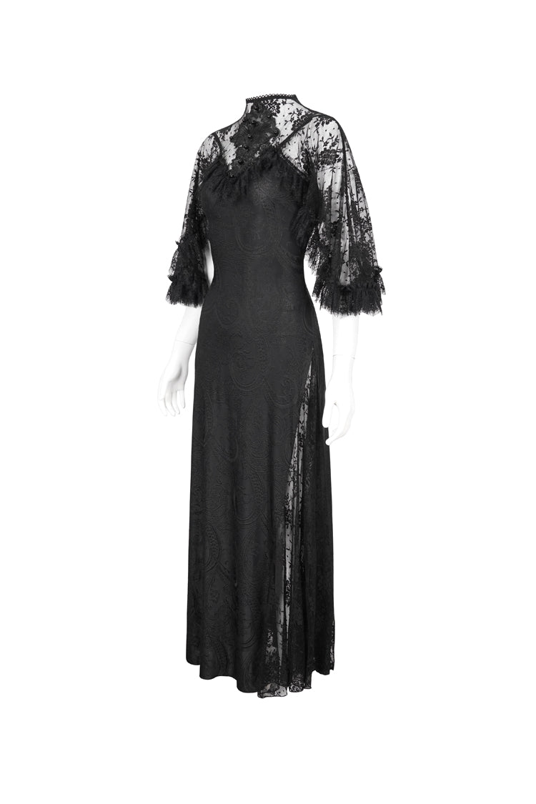 Black Stretch Printed Knit Panel Lace High Slit Asymmetric Women's Gothic Dress - Product - 6