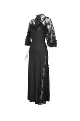 Black Stretch Printed Knit Panel Lace High Slit Asymmetric Women's Gothic Dress - Product - 6