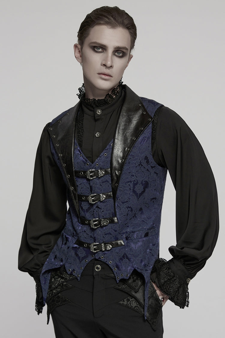 Black/Blue Lapel V-neck Sleeveless Jacquard Buckle Men's Gothic Vest - Product - 2