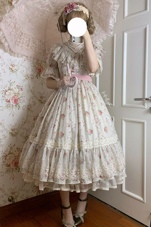 Elegant Vintage Rose Flowers Print Multi-Layer Embroidery Ruffled Sweet Lolita OP Dress - Product - 3