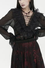 Black Thin Waist Plaid Stitching Layered Lace Long Sleeves Women's Gothic Shirt - Black - 1