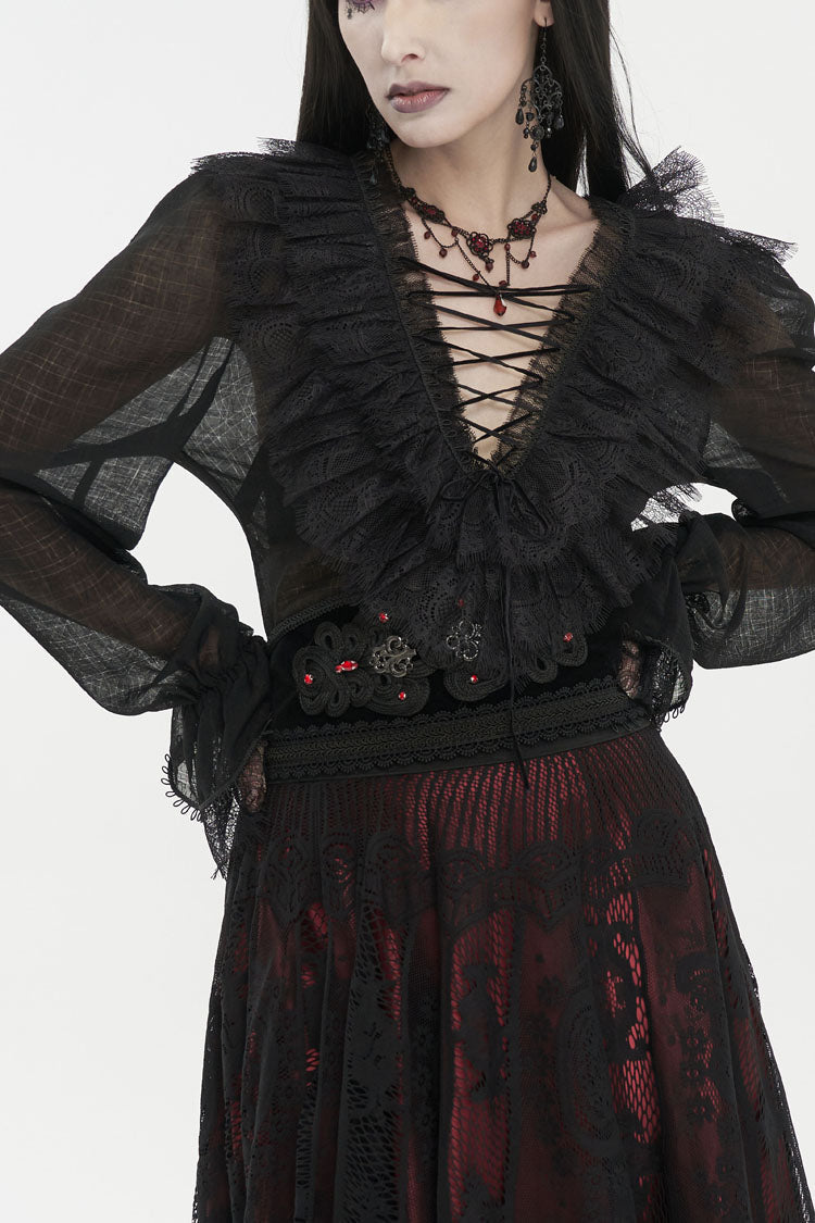 Black Thin Waist Plaid Stitching Layered Lace Long Sleeves Women's Gothic Shirt - Black - 1