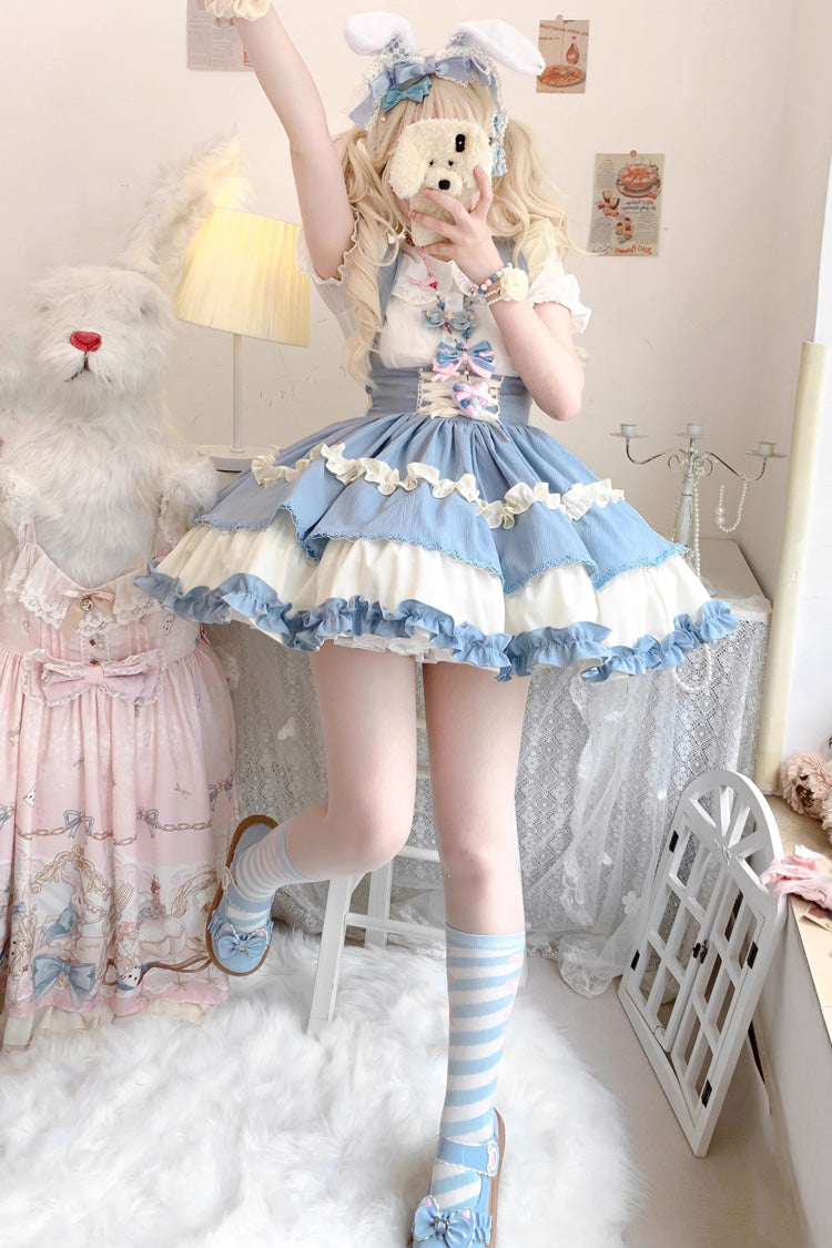 Strappy Doll Collar Ruffle Sweet Lolita Tiered Skirt 7 Colors - Blue/White - 4