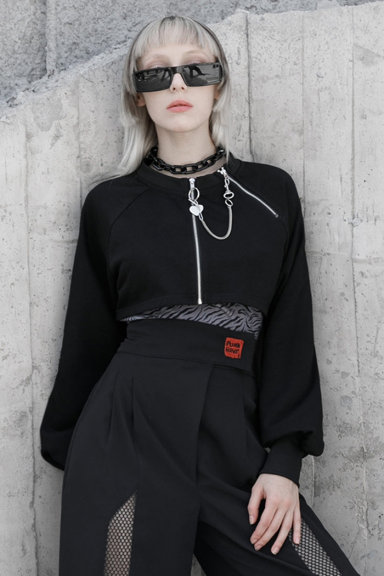 Black Metal Double Zipper Round Collar Long Sleeves Women's Gothic Coat - Black - 1