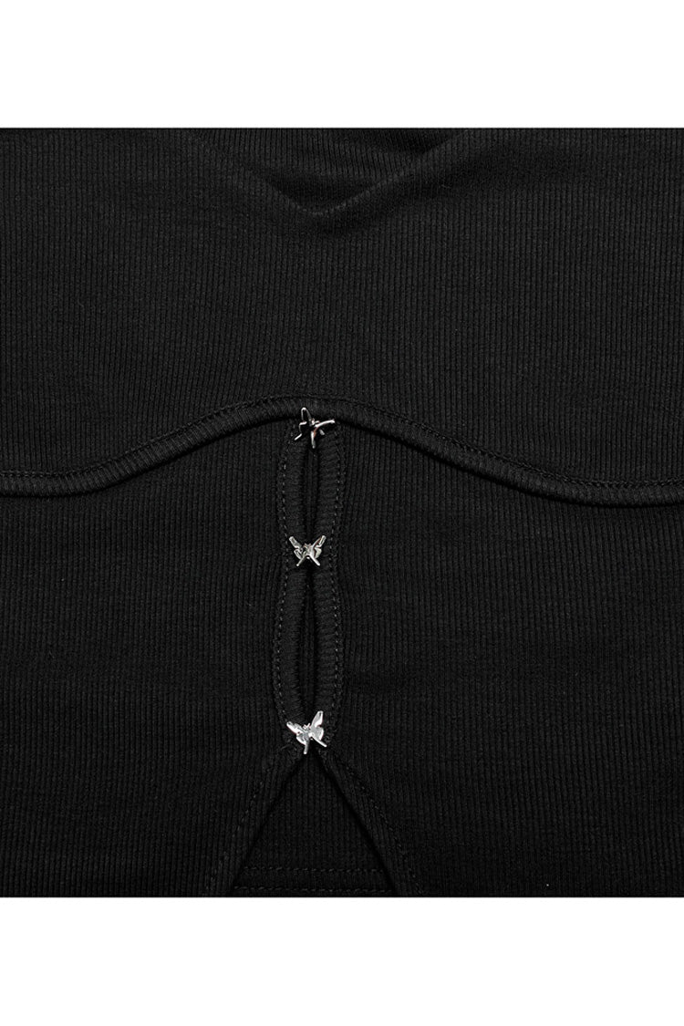 Black Elastic Square Neck Curved Split Butterfly Button Women's Gothic T-Shirt - Product - 9