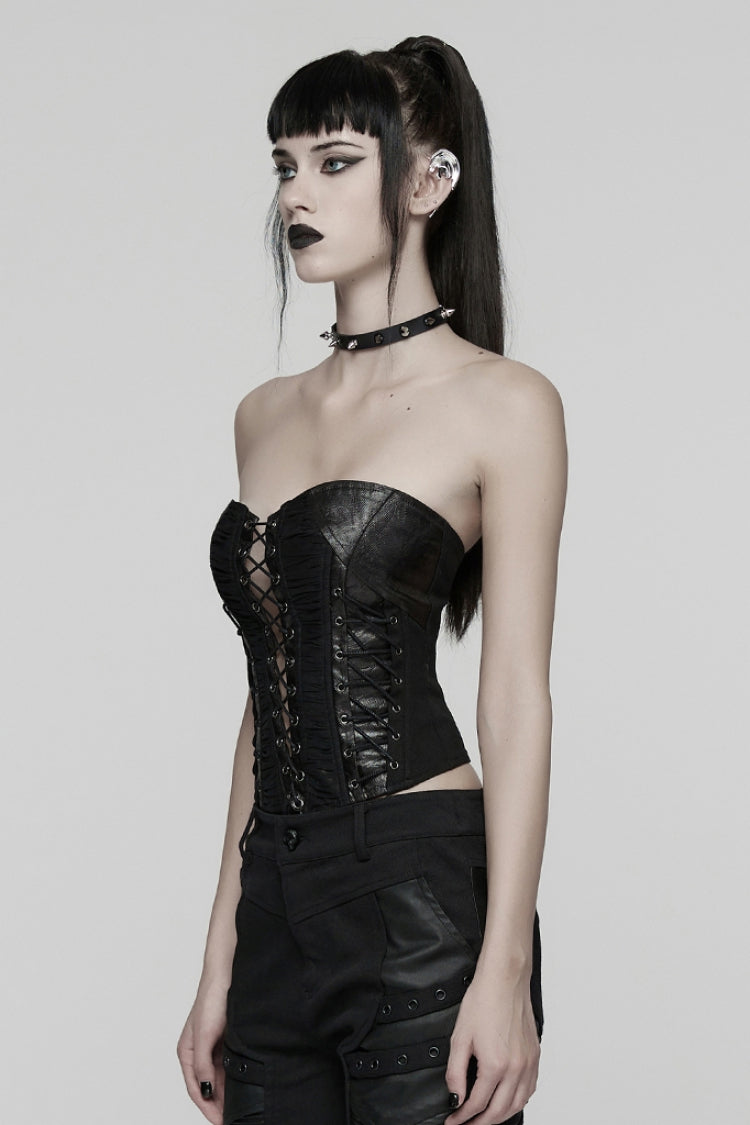 Black Sleeveless Lace-Up Side Zipper Pleated Women's Punk Corset - Product - 2