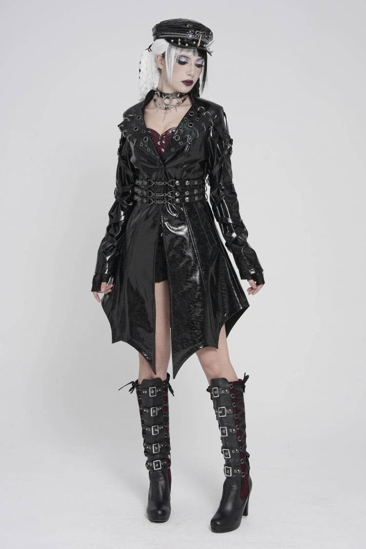 Black Lapel Collar Long Sleeves Lace-Up Irregular Eyelets & Rings Women's Punk Coat - Product - 5