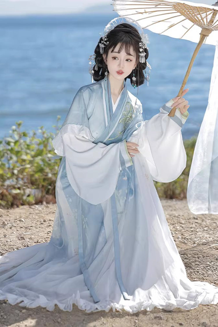 [Lily of the Valley] Long Sleeves Wei-Jin Style Ombre Printed Ruffled Embroidered Chinese Style Classic Hanfu Dress Set 3 Colors - Product - 11