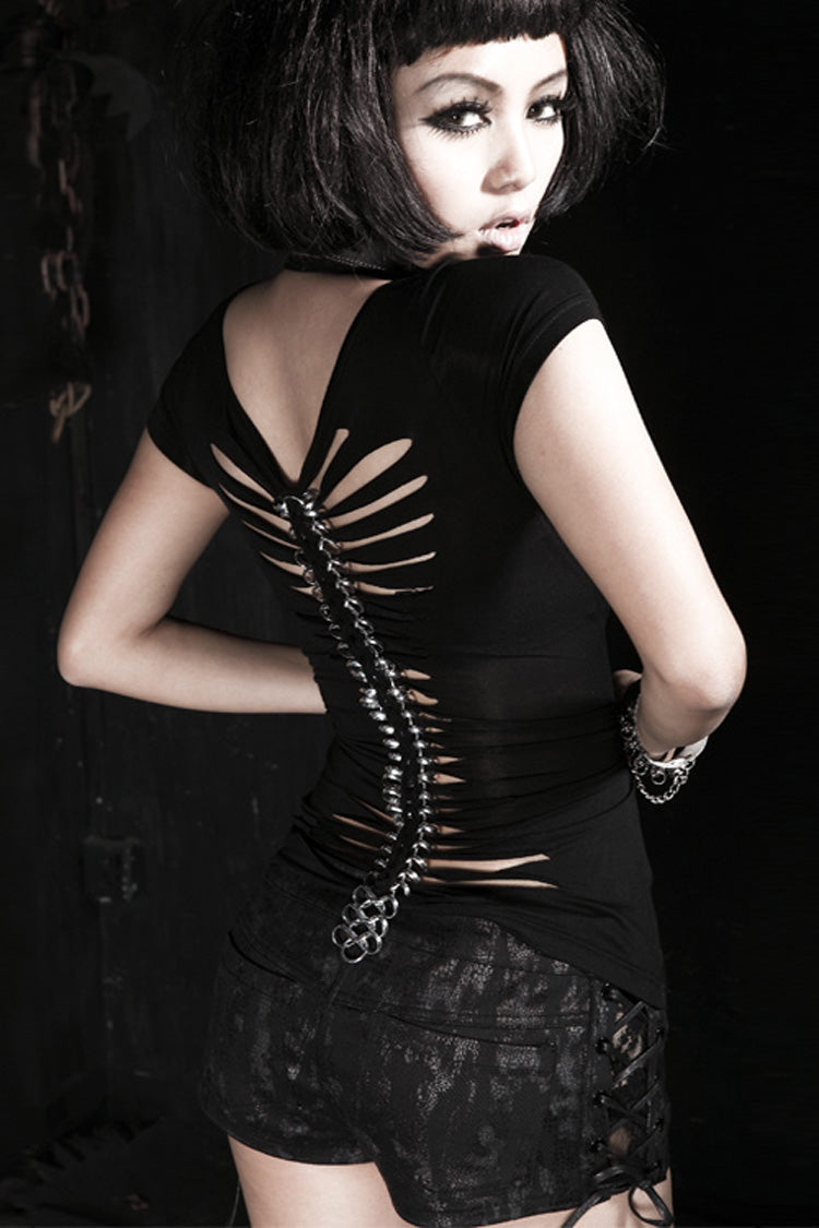 Black Skull Bone Print Hollow Slim Metal Chain Women's Steampunk Vest - Product - 3