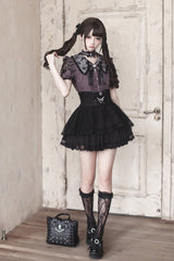 Purple [Dreamy Love Ballad] Lapel Collar Short Sleeves Double-Layered Ruffled Cut-Out Bow Gothic Japanese Jirai Kei Skirt Set - Product - 3